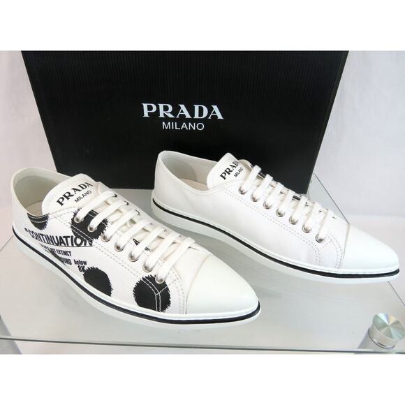 PRADA 1E617M WHITE BLACK POLKA CANVAS LOGO POINTY CAP LOW TOP SNEAKERS 38 ITALY - Picture 9 of 15